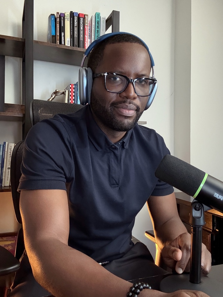 Host recording a podcast